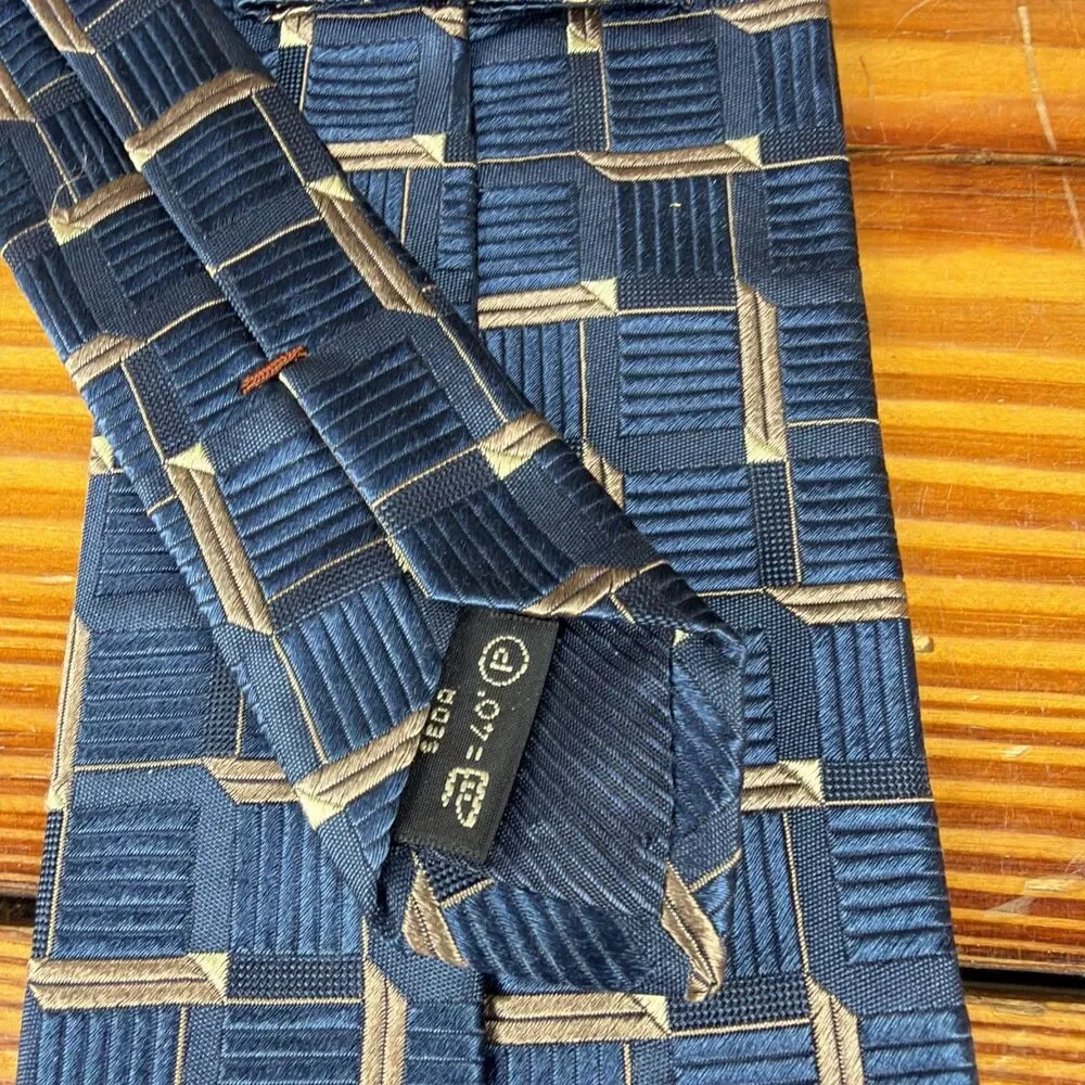 ERMENEGILDO ZEGNA ***** Silk Necktie ITALY Luxury Geometric Blue/Gold Check EUC